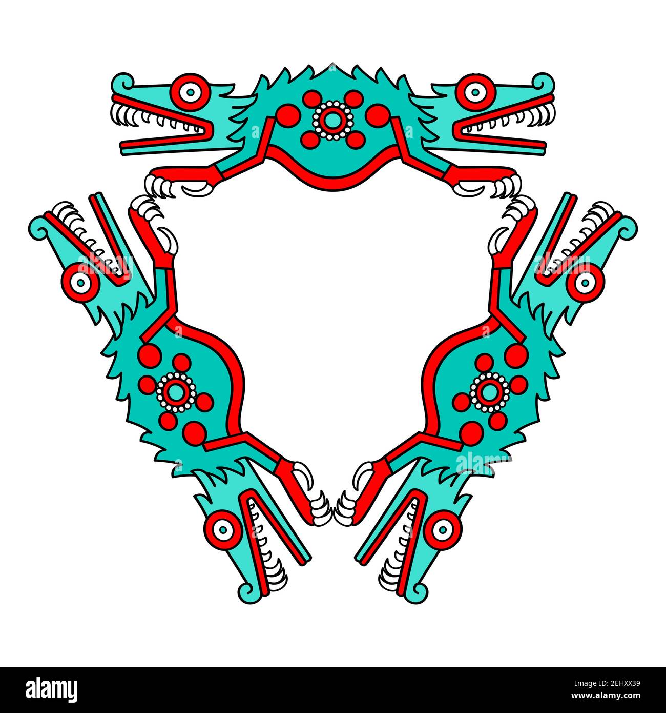 Colorful triangular shaped crocodile ornament, in Aztec style. Turquoise, red and black colored triangle, made of crocodile body halves. Stock Photo