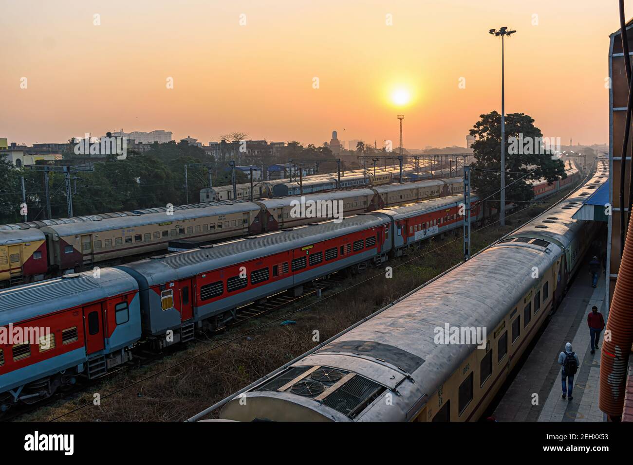 A view of express trains at a Junction Railway Station of Indian Railways system, Kolkata, India on February 2021 Stock Photo