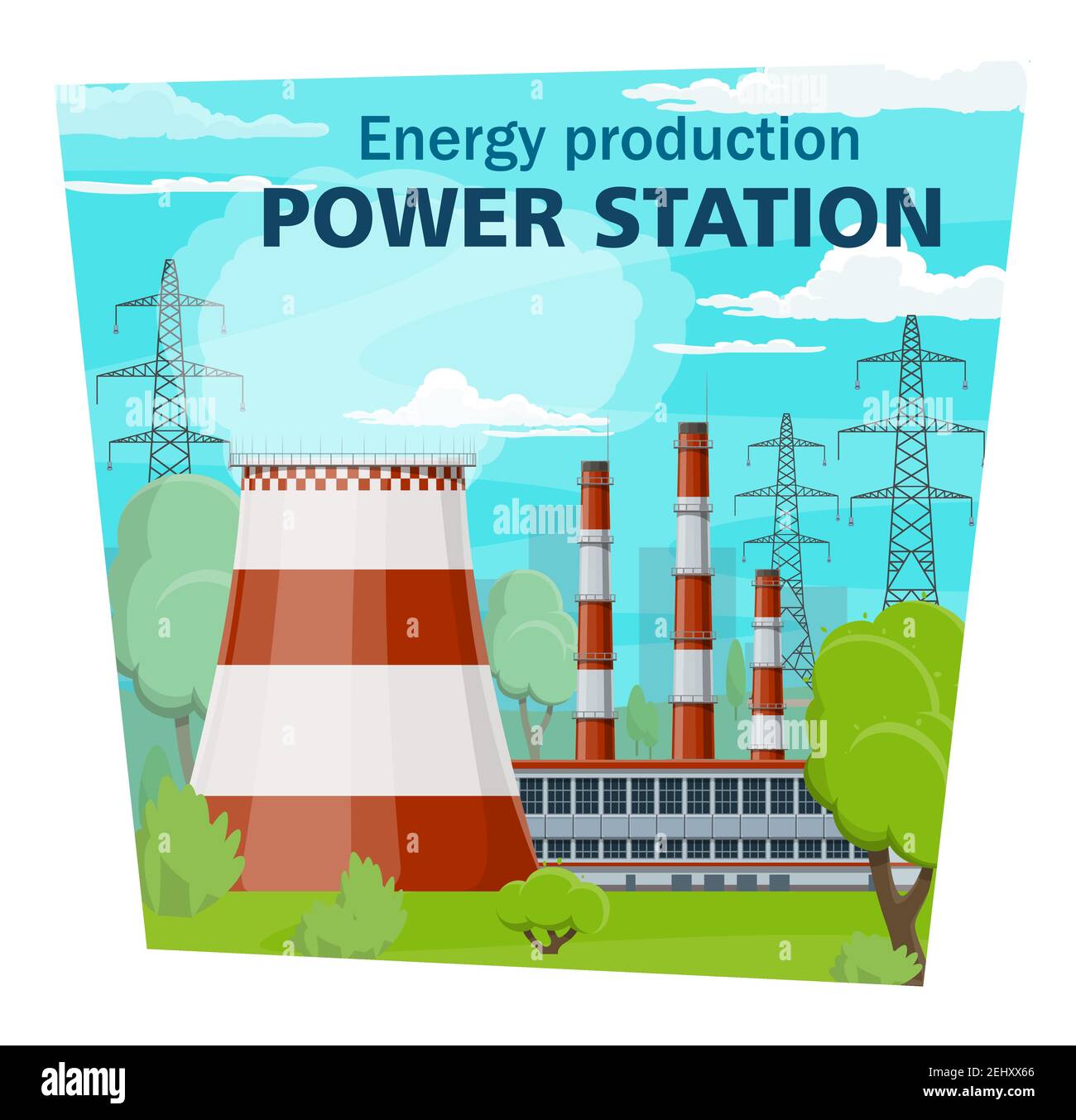 Power stations and electricity industry, electrical energy production nuclear plant. Vector electric factory, pipes and smoke or vapor Stock Vector Image & Art -