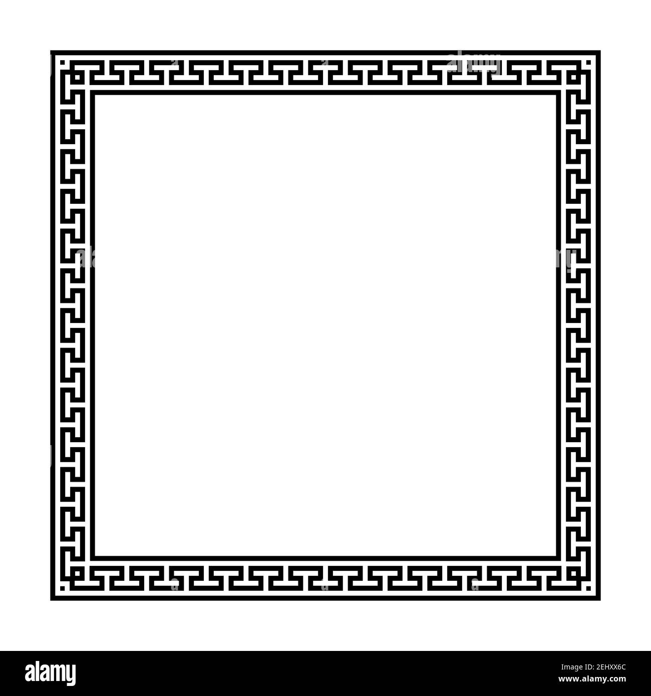 Square frame with seamless meander pattern. Decorative border, made of continuous lines, shaped into a repeated motif. Also known as Greek fret. Stock Photo