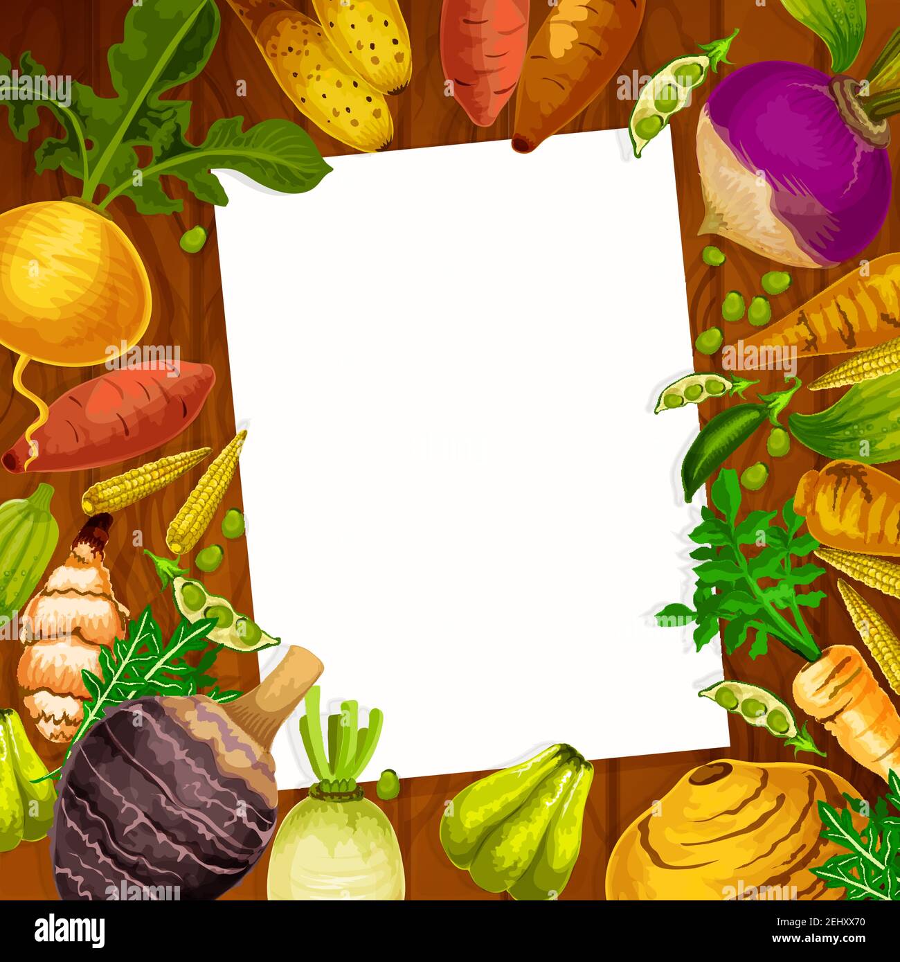 Cooking recipe blank page in root vegetables or veggies frame. Vector white note in kaywa, rutabanga or apium and parsnip tuber with arracacia and cas Stock Vector
