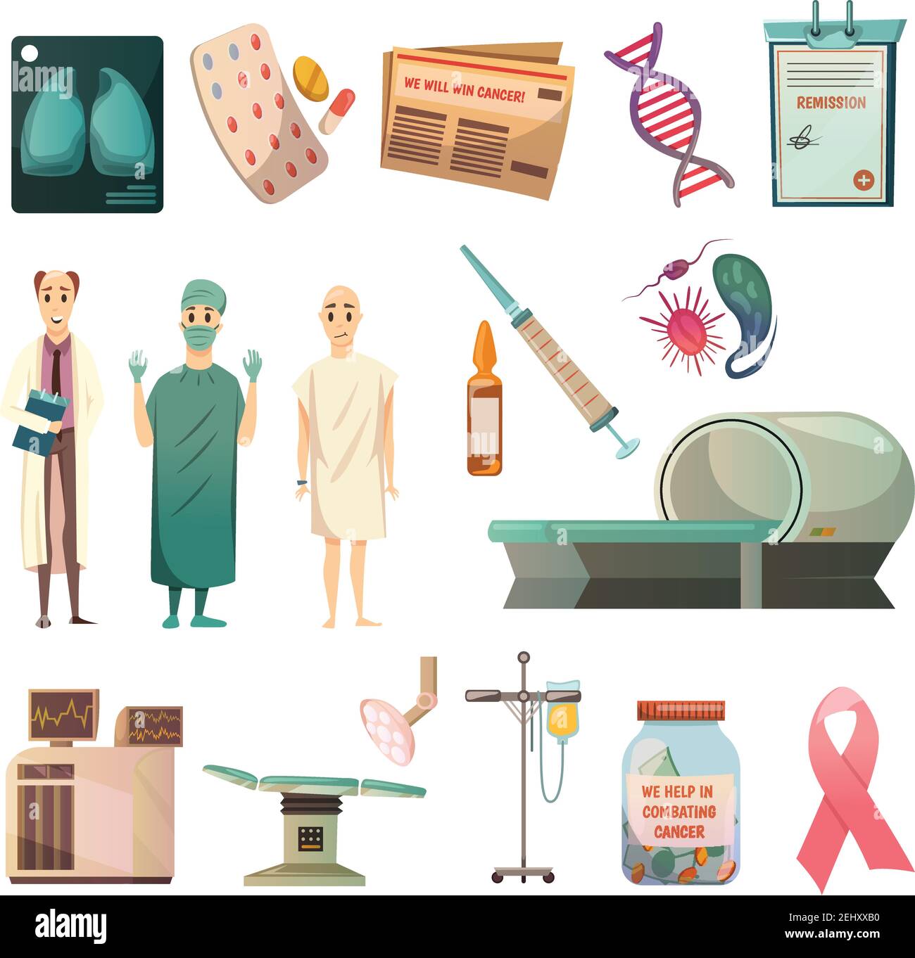 Defeat cancer medical orthogonal icons set with oncologist surgeon bald ...