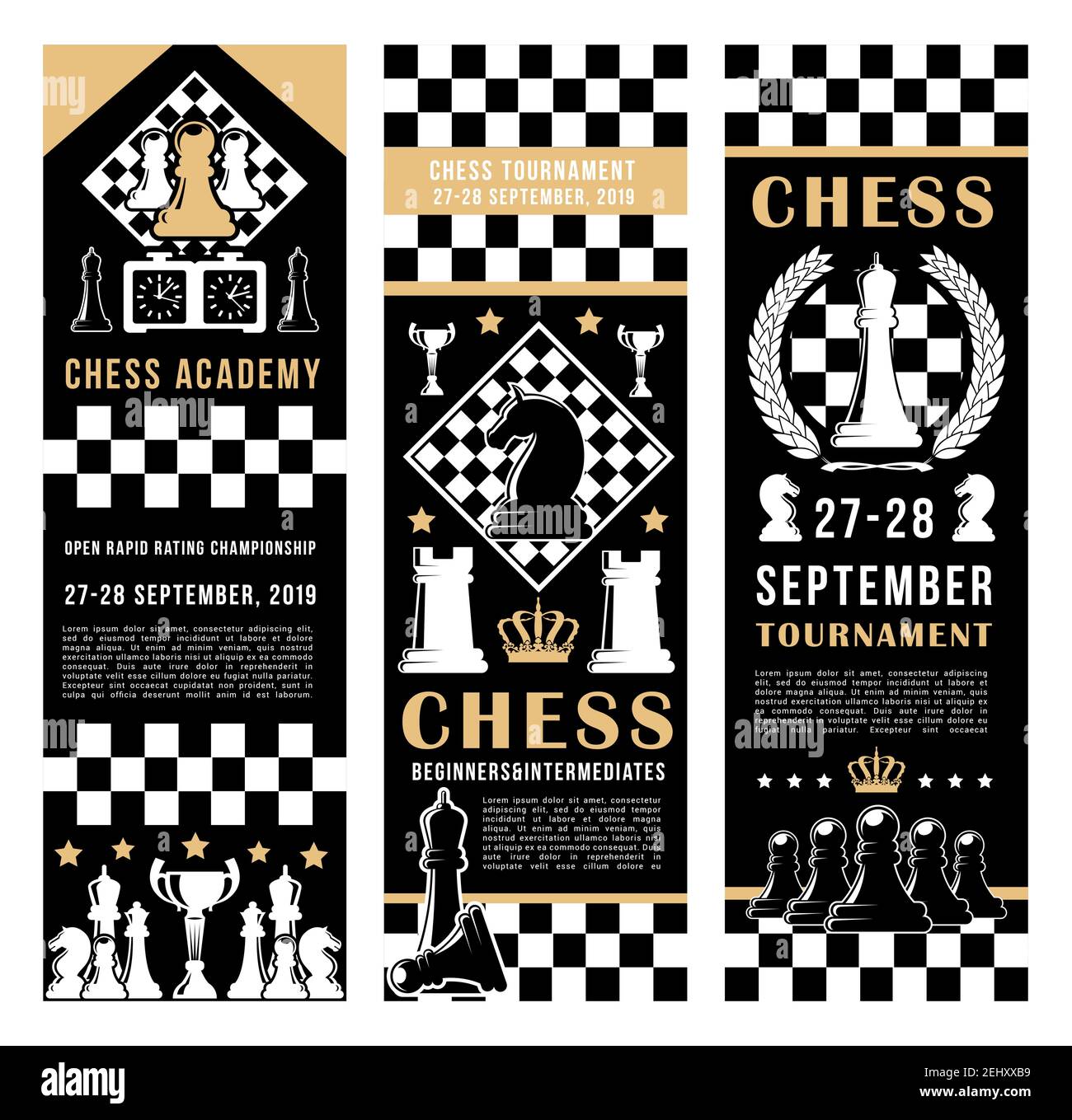 Chess academy tournament banners. Vector chess port and leisure game pieces horse, rook and king crown on chessboard strategy background with score cl Stock Vector