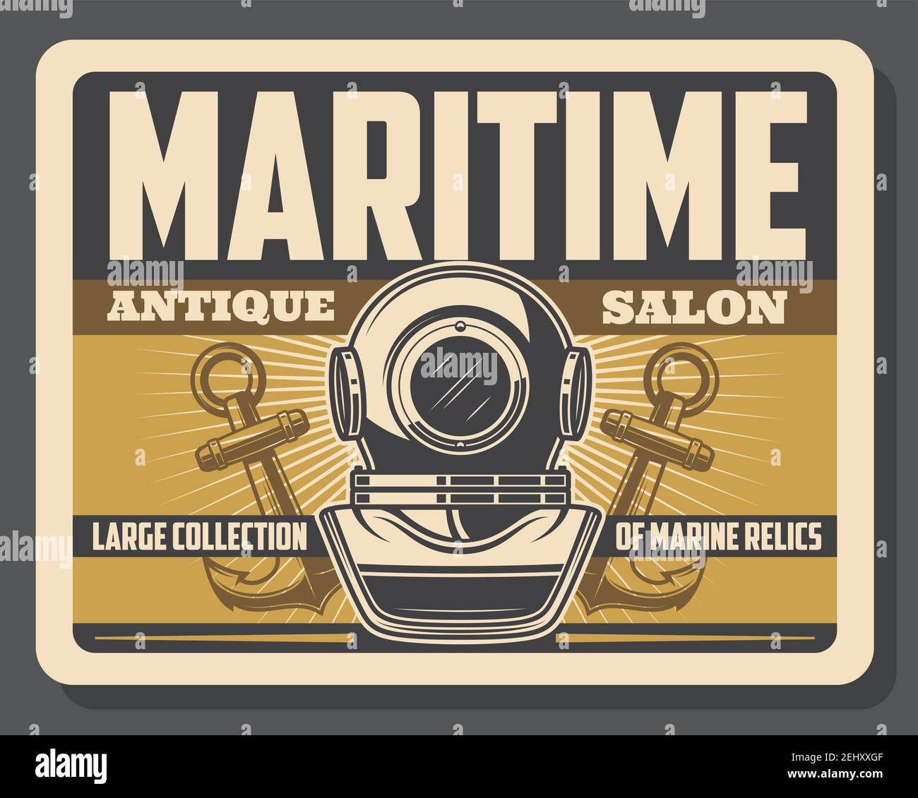 Diving aqualung helmet and ship anchors. Maritime antique salon vector vintage poster of rarity marine l relics and nautical seafarer adventure museum Stock Vector