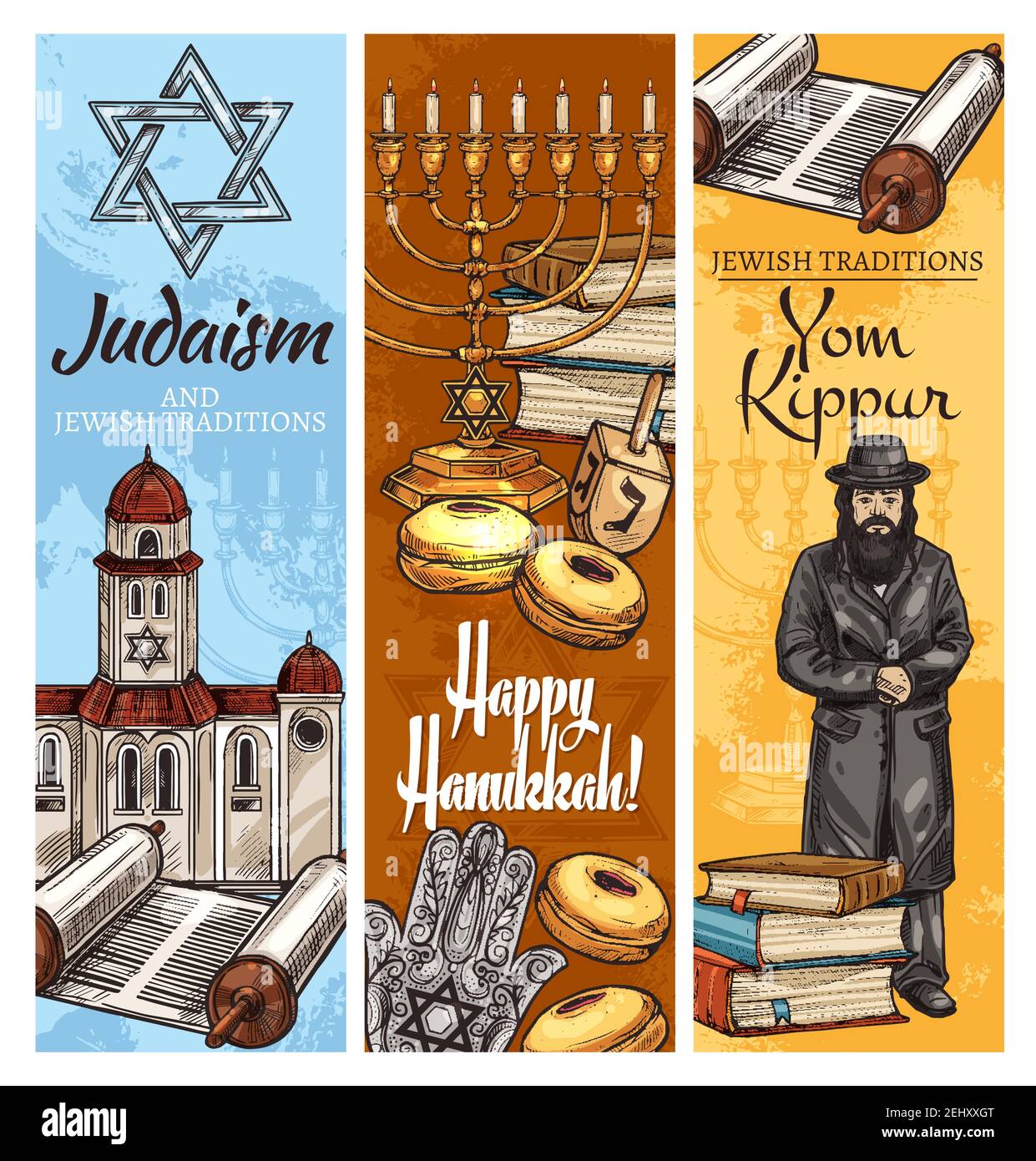 Judaism religion Hanukkah and Yom Kippur holidays symbols. Menorah, donut and dreidel, Star of David, torah and book, rabbi, synagogue and hamsa hand Stock Vector