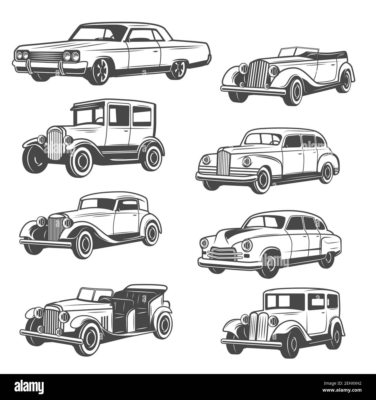 Monochrome vector cars, isolated vintage vehicle. Old vehicles