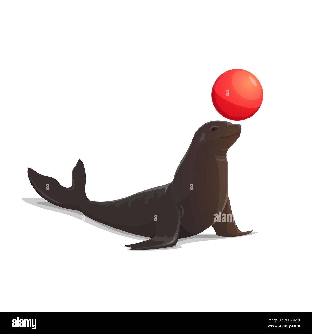 Circus seal balancing ball and juggling red balloon. Vector isolated big top circus animal