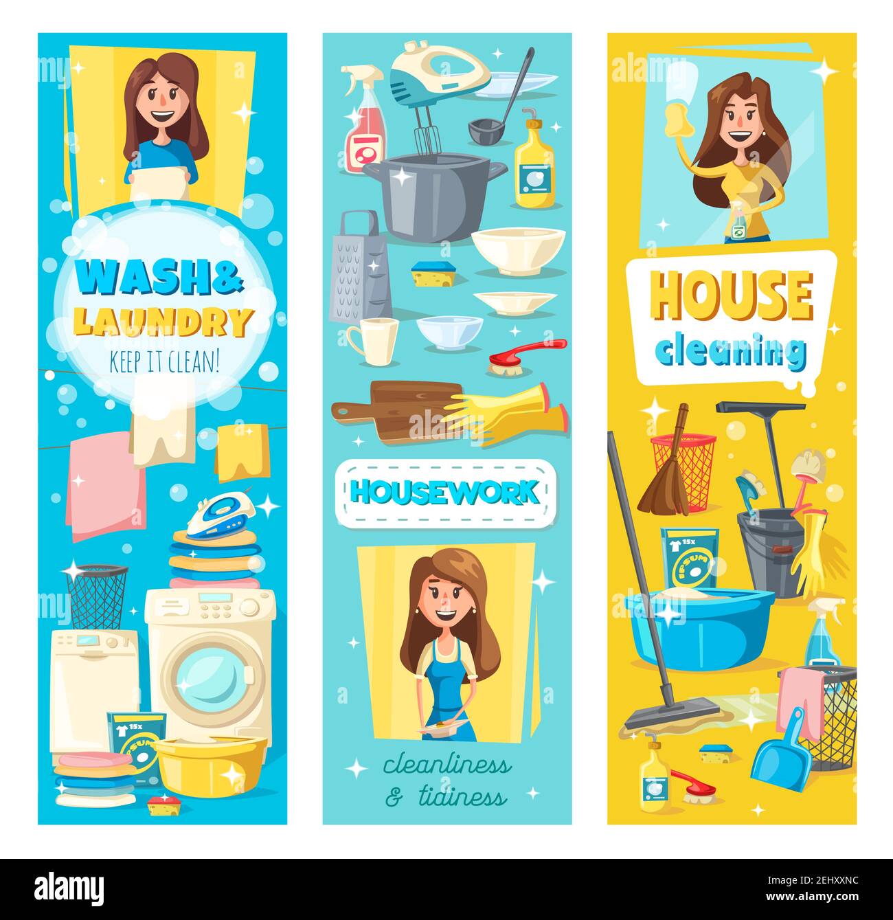 House cleaning, laundry and home clean service. Vector professional