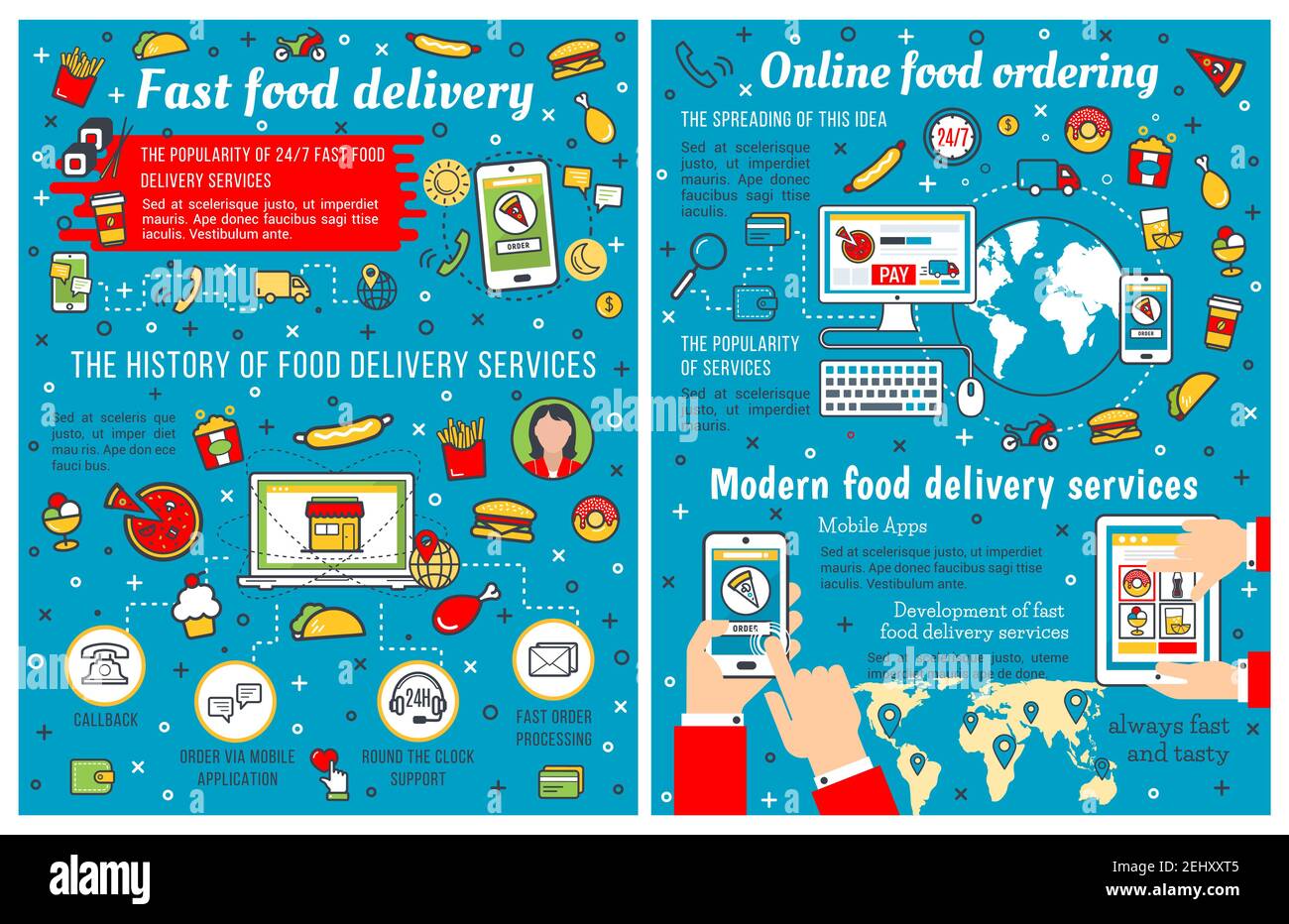 Fast food infographic on fastfood takeaway and delivery. Vector