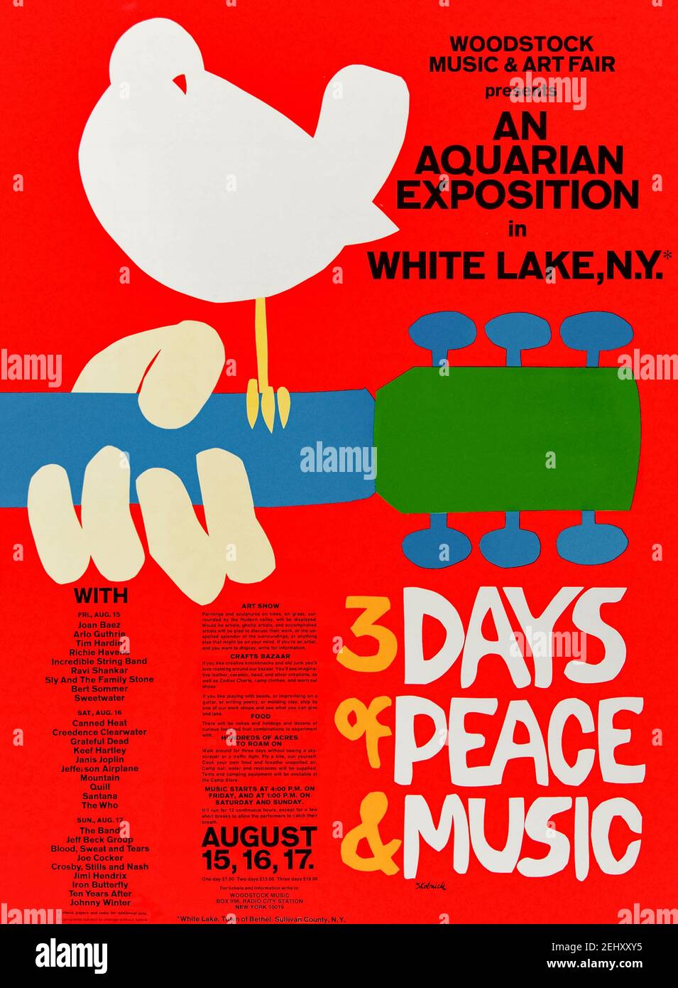 Woodstock Music & Art Fair Presents An Aquarian Exposition in White Lake, N.Y. 3 Days of Peace & Music August 15, 16, 17 1969 poster for the legendary music festival designed by Arnold Skolnick featuring a white dove resting on a guitar neck. The festival was wildly successful with an estimated audience of 400,000 attending and is since regarded as a key moment in music history and the  anti-establishment counterculture of the 1960s. Stock Photo