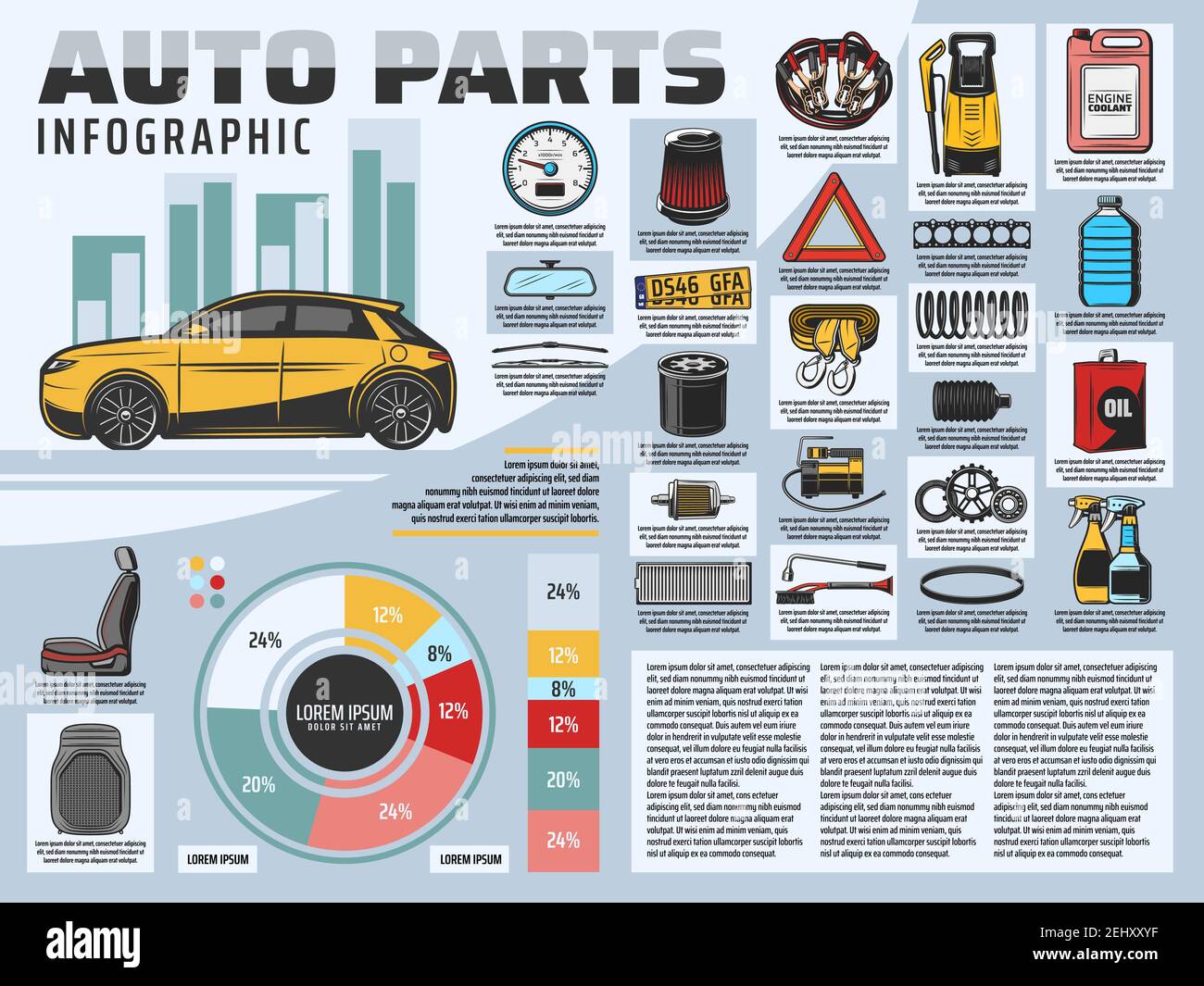 Car service, auto parts and accessories infographics. Vehicle motor oil,  air filter and gears bar graph or chart, car seat, wiper blades and mirror,  e Stock Vector Image & Art - Alamy
