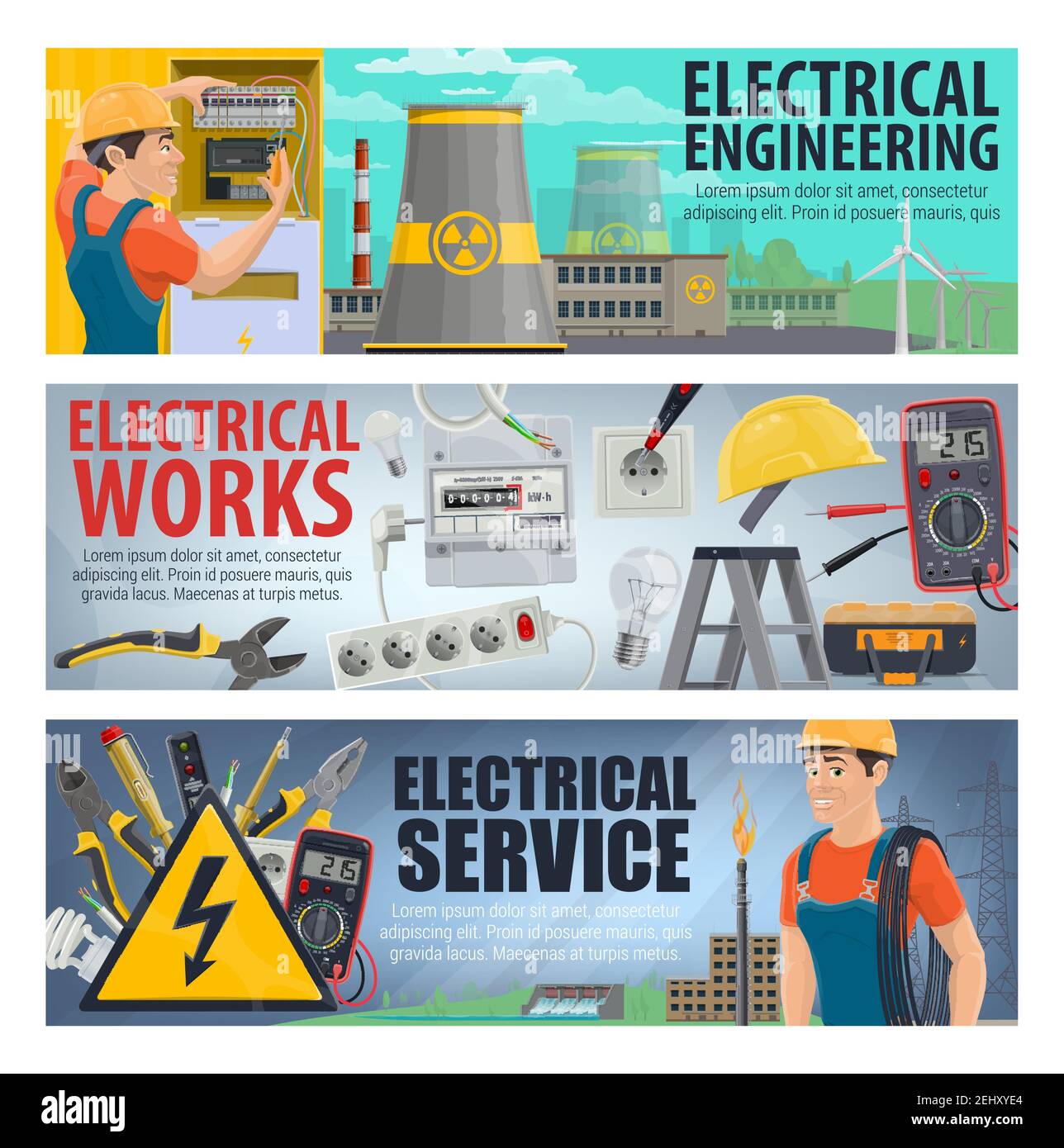 Electrician tools, energy power and electricity instruments. Vector