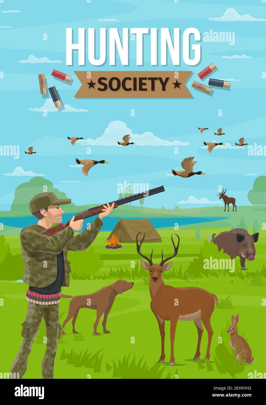 Hunting sport, hunter holding rifle, dog on hunt. Vector forest animals and camping tent with campfire near lake, duck and deer, boar and rabbit, moos Stock Vector Image & Art - Alamy Hunting sport, hunter holding rifle, dog on hunt. Vector forest animals and camping tent with campfire near lake, duck and deer, boar and rabbit, moos Stock Vector Image & Art - Alamy