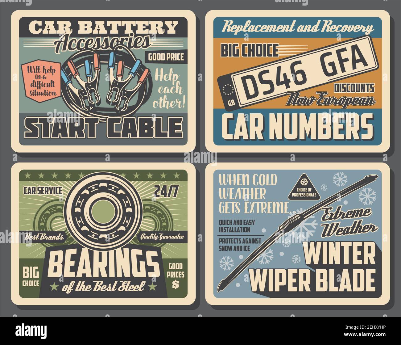 Car service vintage posters of garage mechanic diagnostic, automobile