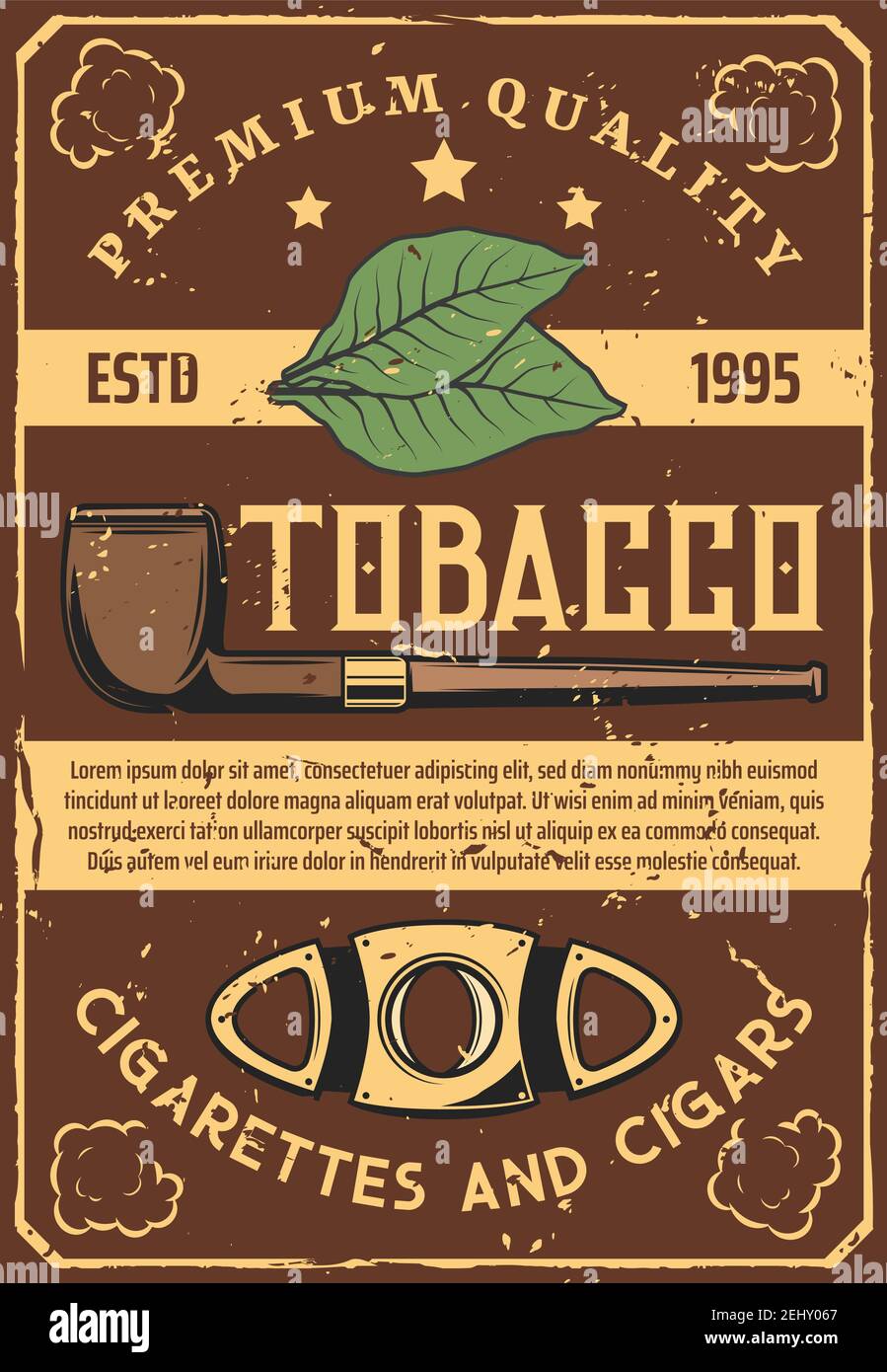 Tobacco leaves and smoking vintage pipe, Cuban cigar scissors, tool