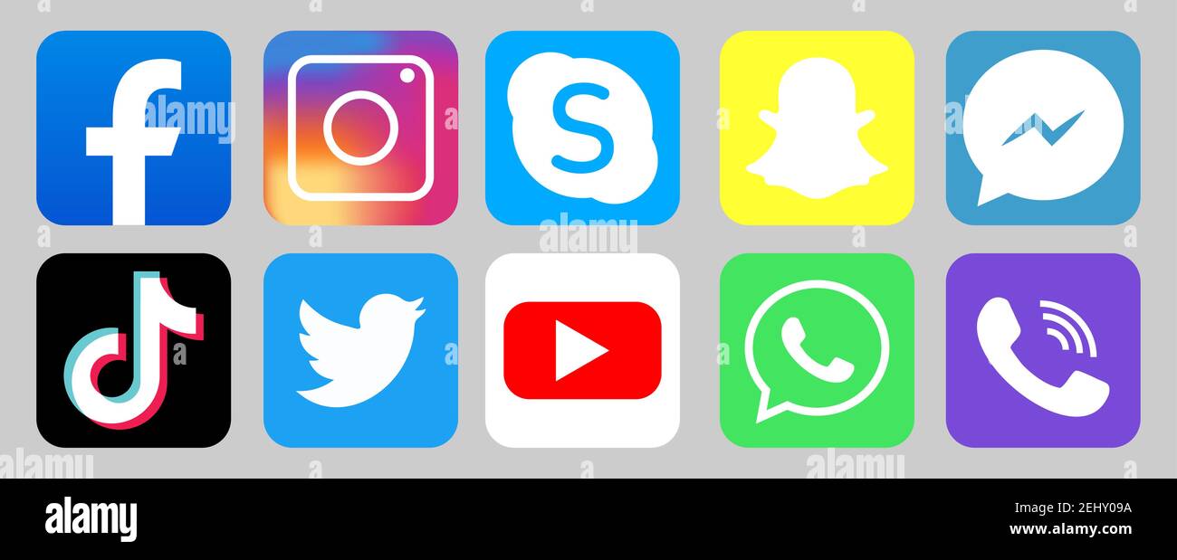 Set of social media icons vector. Viber, YouTube, Instagram, Facebook, Twitter, Tik Tok WhatsApp Snapchat Skype Stock Vector
