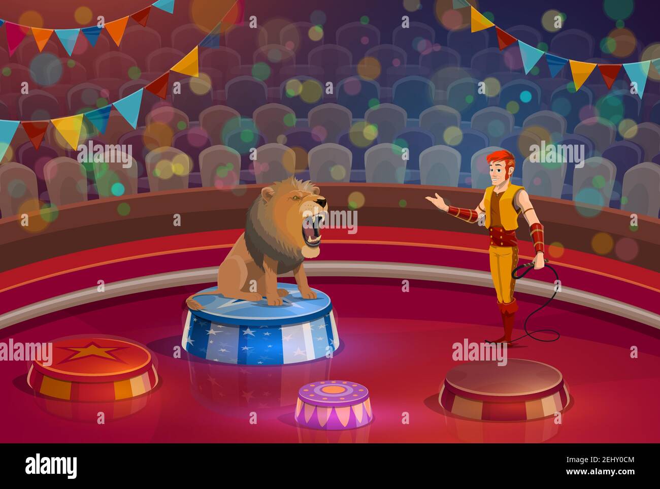 Circus show and trained lion animal on stage. Handler and wild beast