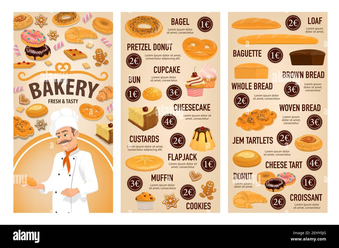 Bakery shop, patisserie pastry and baker desserts menu price. Vector