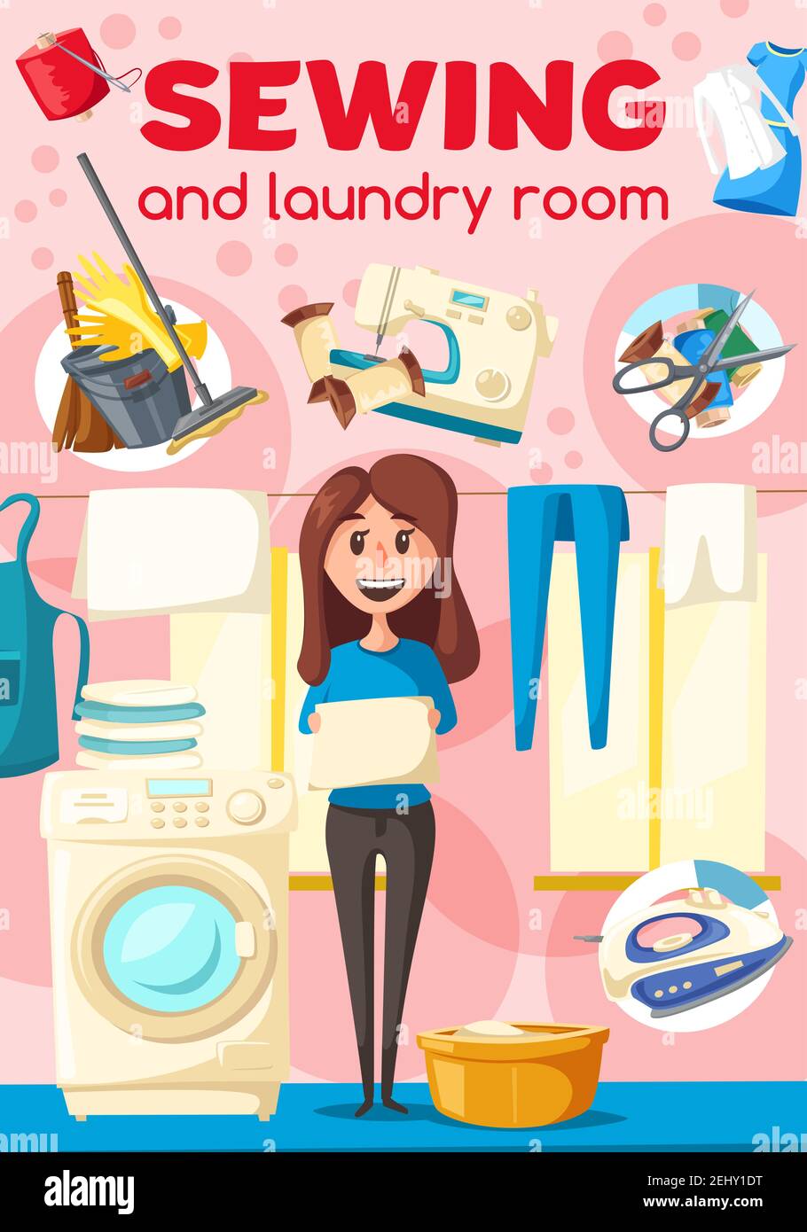 Laundry and sewing poster for dry cleaners service and clothing repair. Woman and washing or sewing machine, iron and thread coils, scissors and basin Stock Vector