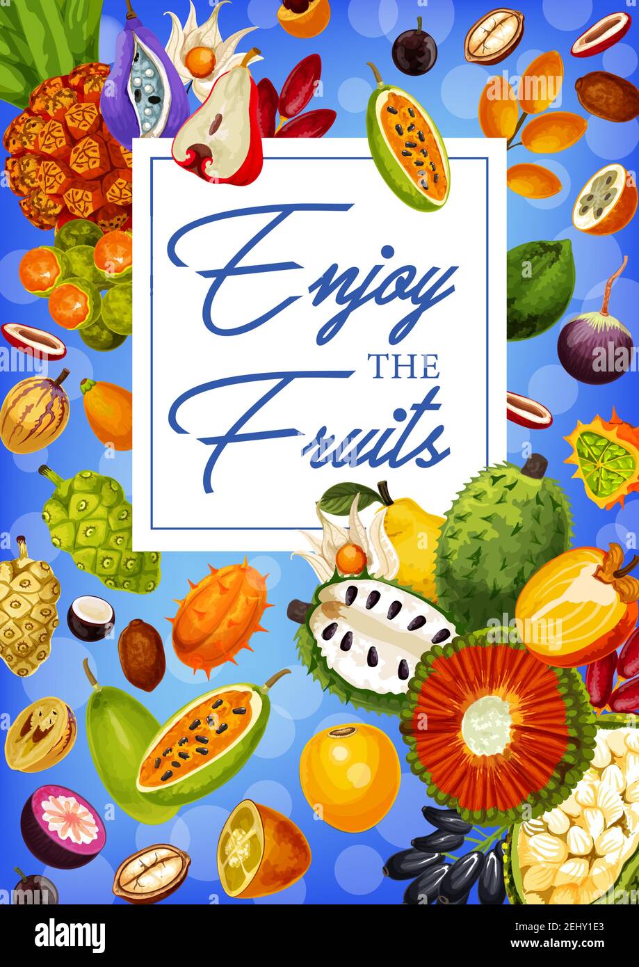 Exotic natural fruits, grocery store or market products. Vector durian and soursop, mangosteen