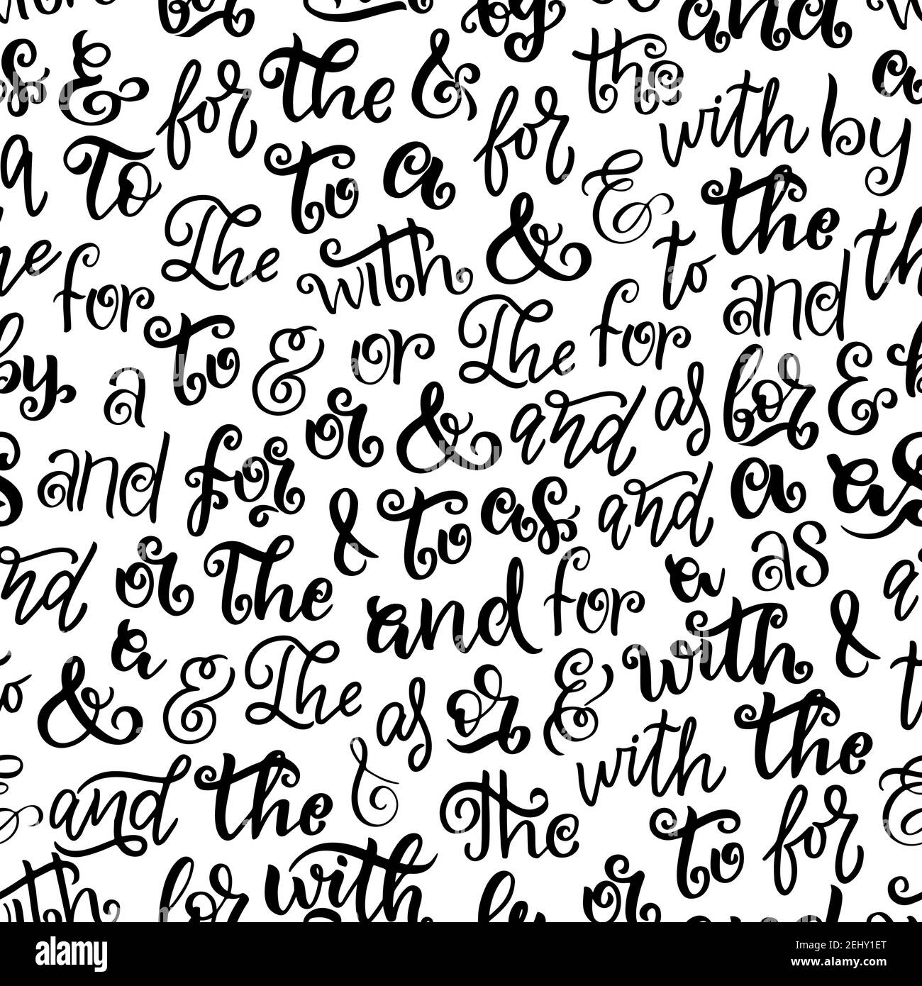 Prepositions, articles and ampersands seamless pattern. Vector fonts, decorative handwriting or handwritten monochrome lettering. Calligraphy and Engl Stock Vector