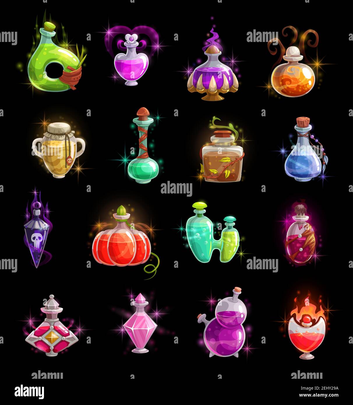 Halloween witch potion vector bottles. Magic poison colorful liquid in