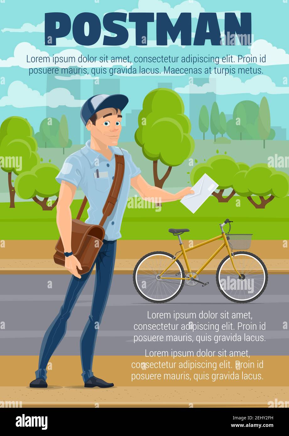 Postman delivering mail with bike. Mailman cartoon character in blue uniform with letter, envelope, parcels and mailbag. Post office and postal servic Stock Vector