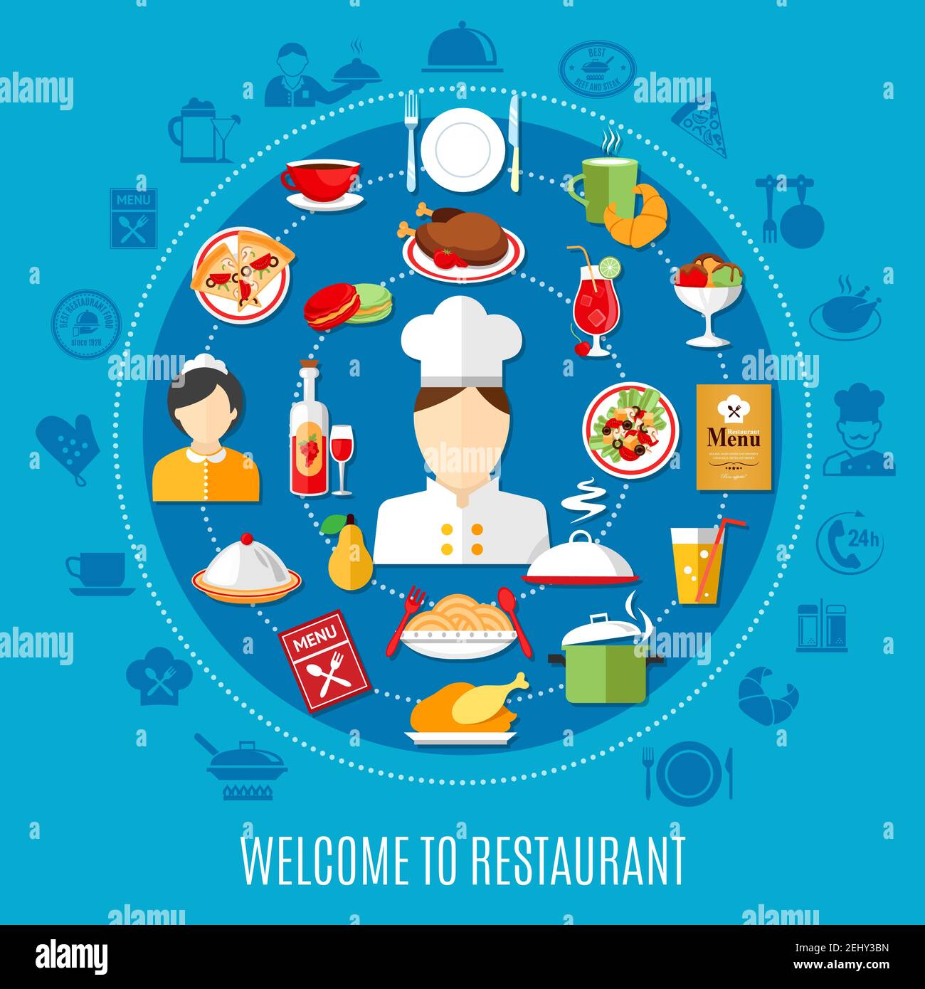 Icons of chef waiter and various restaurant menu dishes on blue ...