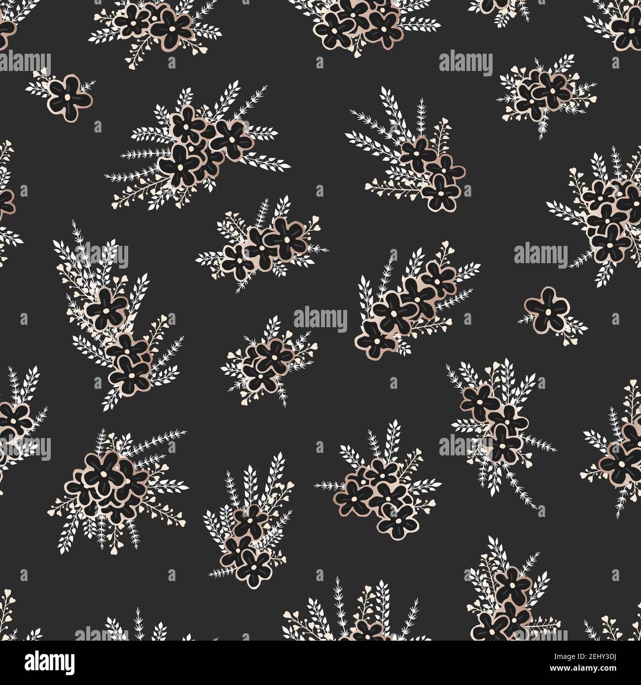 Vector seamless pattern with hand drawn gold flowers. Floral black ...
