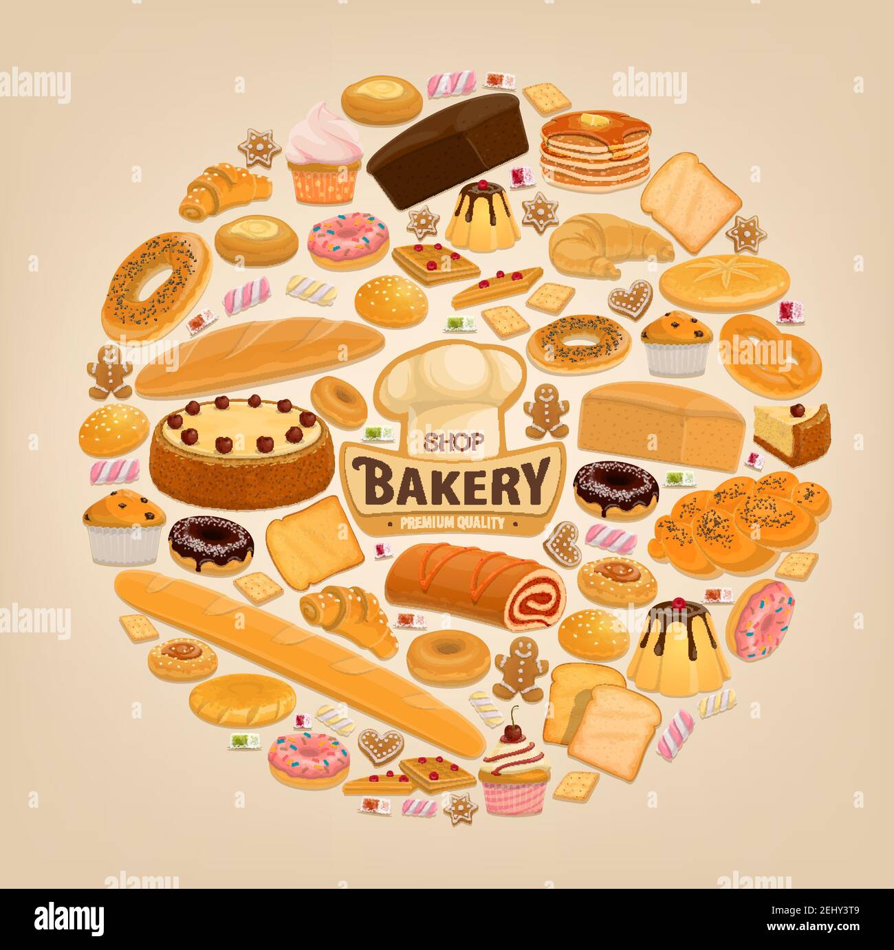 Bakery desserts, pastry and bread. Vector bakery shop sweet donut, chocolate pie or tiramisu torte and cupcake, wheat bagel or pretzel and rye bun wit Stock Vector