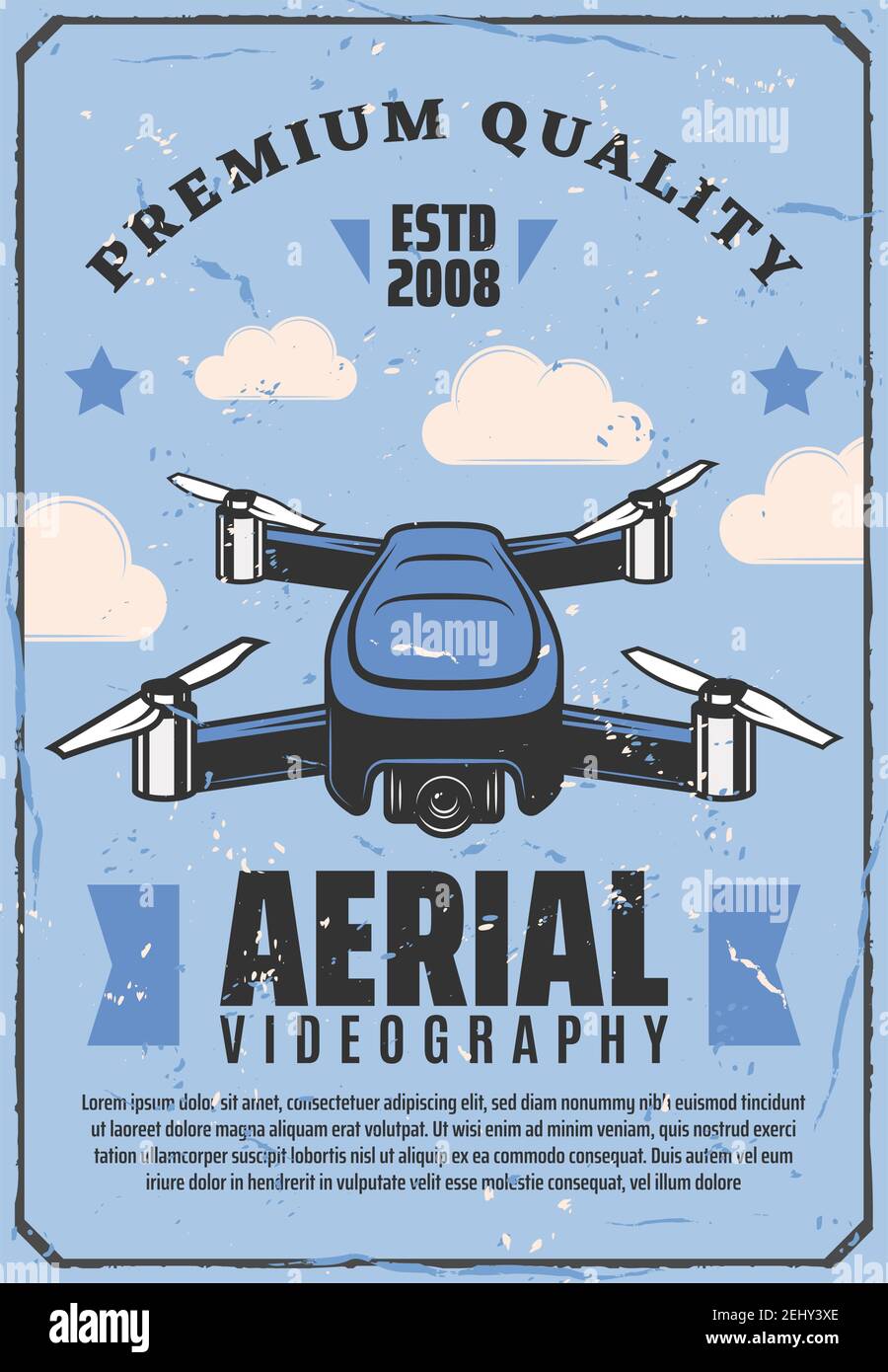 Drone and aerial videography poster. Vector smart device quadcopter or quadrotor helicopter with video camera for air shooting or photographing Stock Vector