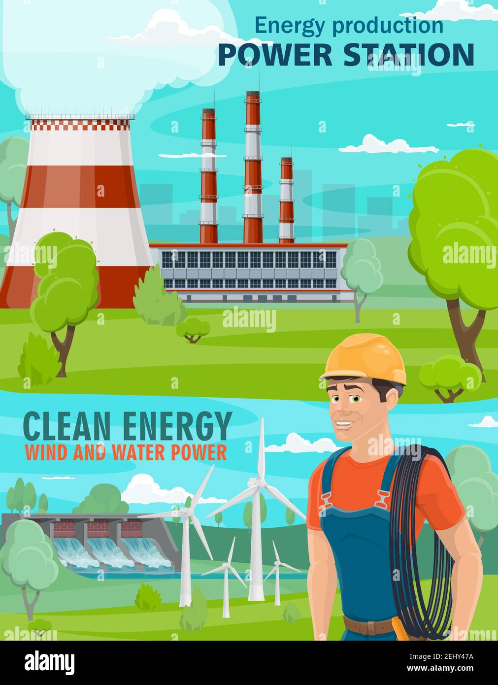 Power industry poster with clean and dirty electricity energy production. Polluting thermal