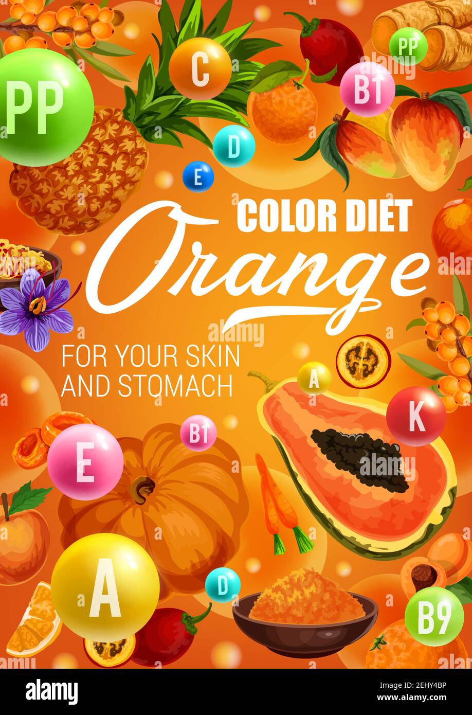 Color diet healthy food ingredients with orange fruits, vegetables, spices and berries. Skin health sources in carrot, papaya and mango, ginger, turme Stock Vector