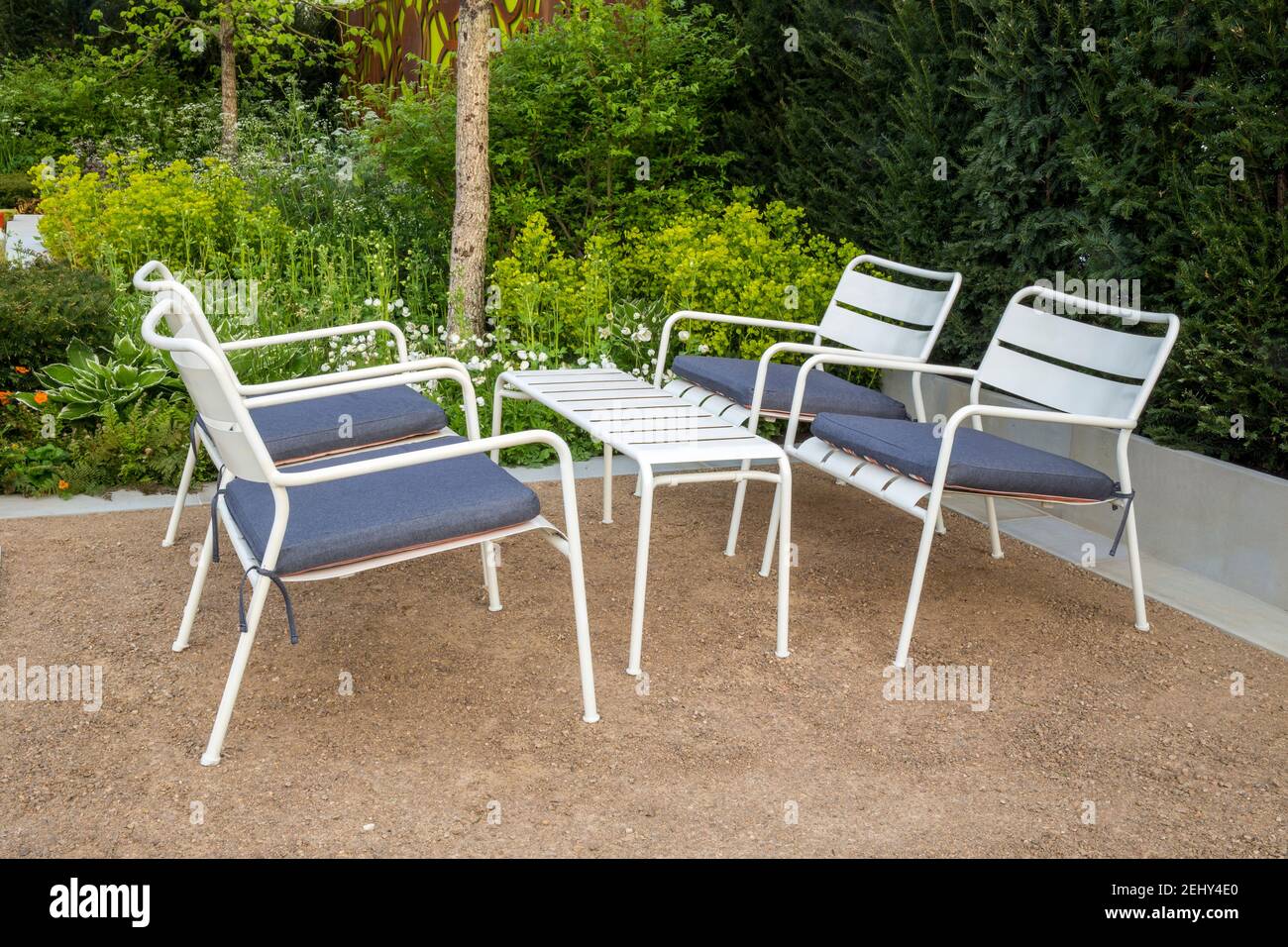 modern stone gravel patio seating area with white table and chairs with blue cushions - planting of Euphorbia robbiae, Anthriscus sylvestris UK Stock Photo