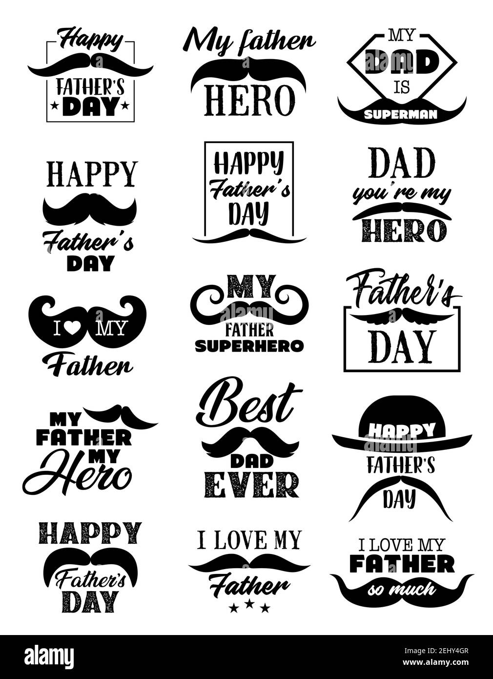 Happy Fathers Day Hat With Mustache Icons With Greeting Text