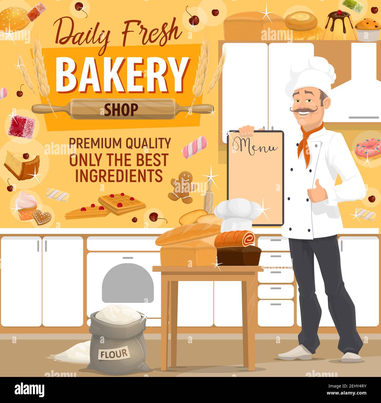 Baker with menu and pastry, bakery shop. Vector bread loaf and cake ...
