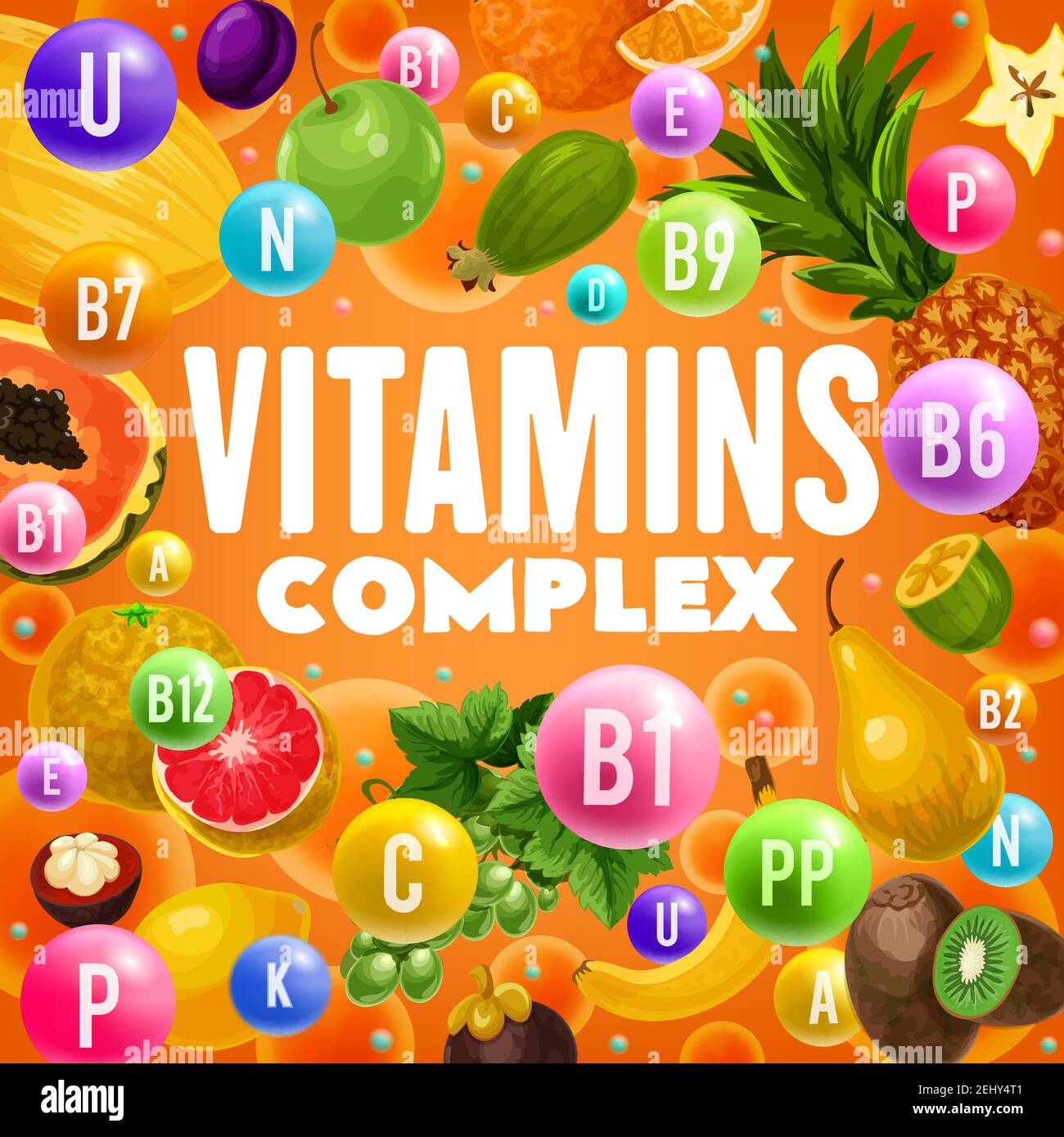 Vitamins and minerals complex in fruits vector design. Orange, apple