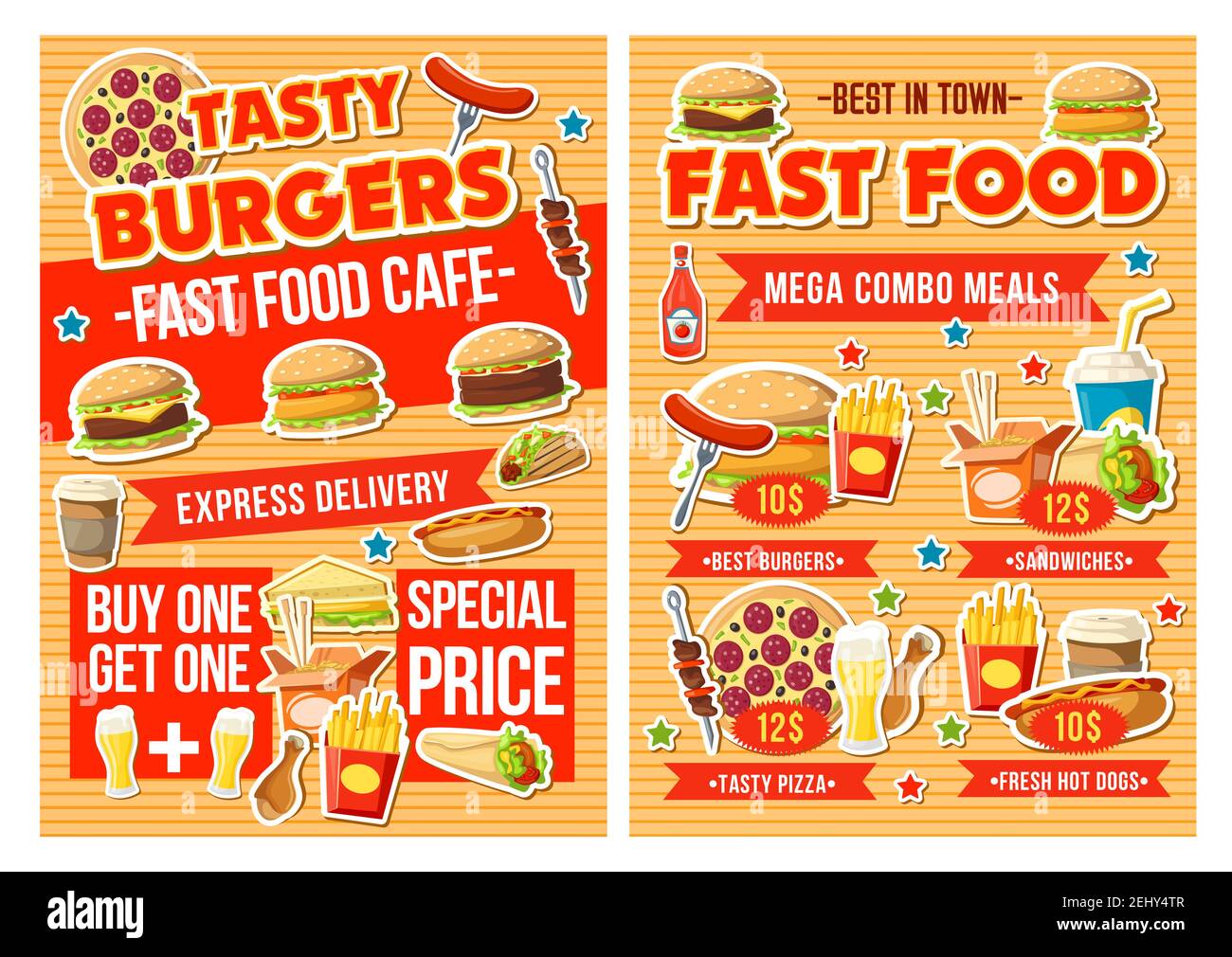 Fast food restaurant combo meal menu vector design with special offer of  burger, snack and drink. Hamburger, pizza and hot dog, sandwich, fries and  so Stock Vector Image & Art - Alamy