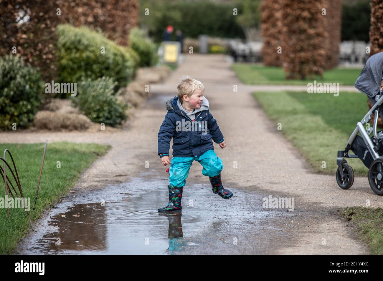 Families enjoying the early signs of Spring at RHS Garden Wisley, Surrey England, United Kingdom Stock Photo