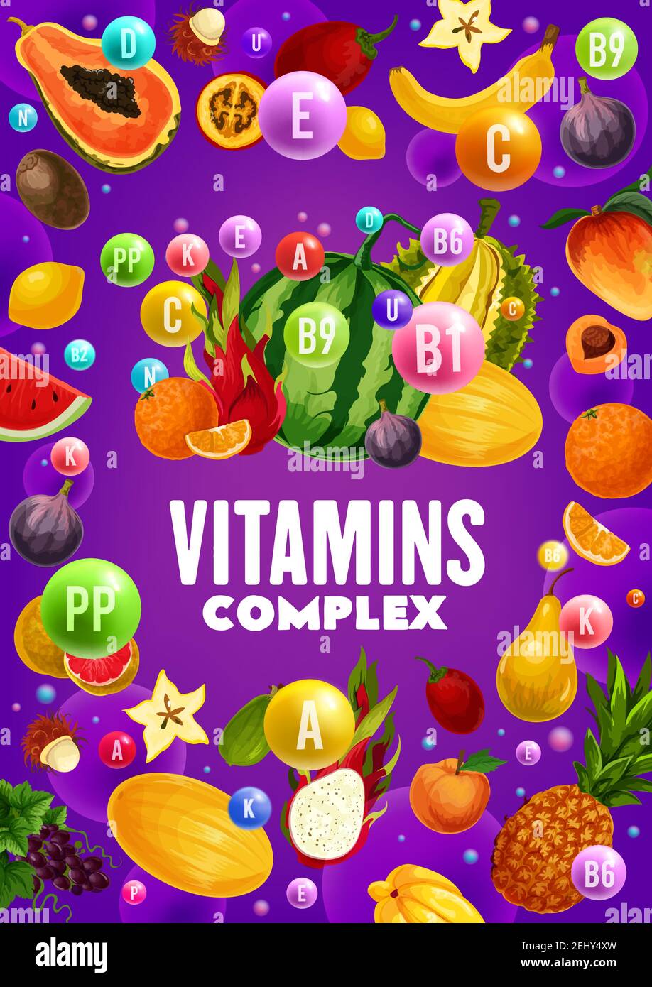 Vitamins content of fruits and berries. Vector tropical mango, orange