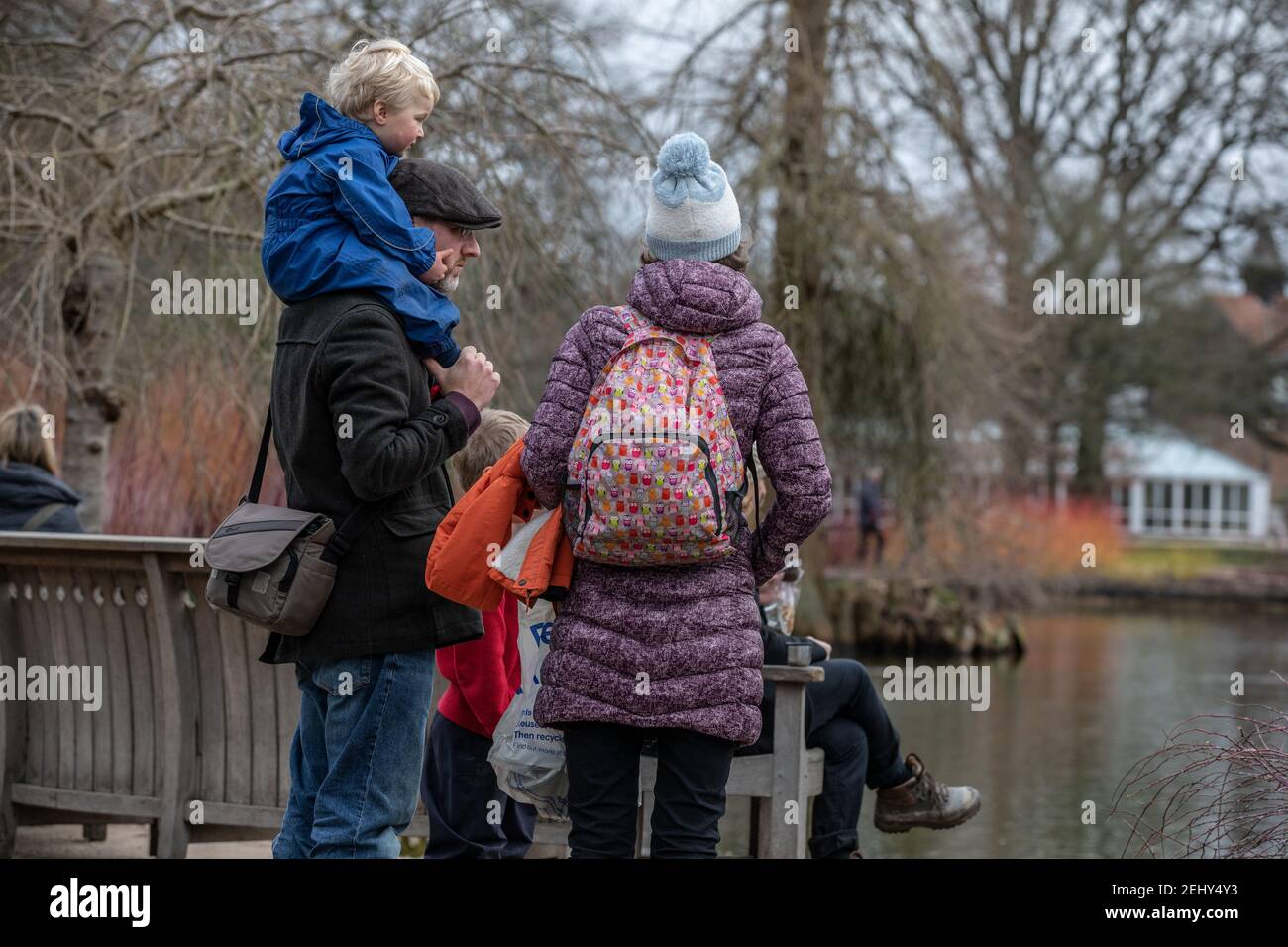 Families enjoying the early signs of Spring at RHS Garden Wisley, Surrey England, United Kingdom Stock Photo