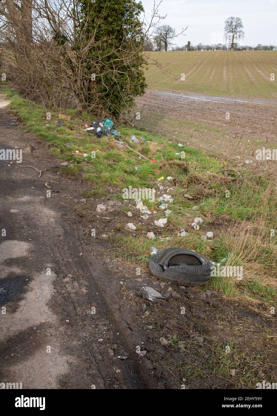 Rubbish laying on the side of a country road in Norfolk England Stock