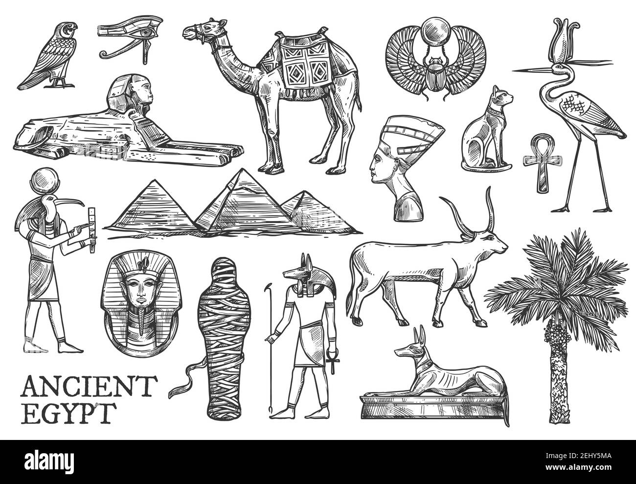 Egypt symbols and landmarks vector sketches. Great Pyramids and Sphinx, Ankh and bull, mummy and dog, cat and camel. Tutankhamun and scarab, eye of Ho Stock Vector