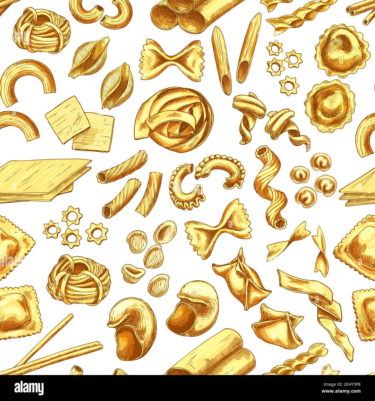 Pasta, Italian macaroni and spaghetti sketch seamless pattern. Food of Italy vector background with penne, farfalle and fusilli, conchiglie, fettuccin Stock Vector