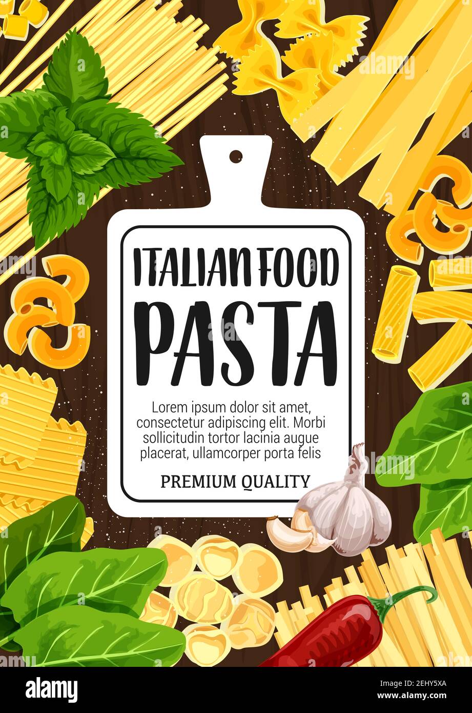 Pasta fusilli, fettuccine or linguine and penne cooking spices and herb