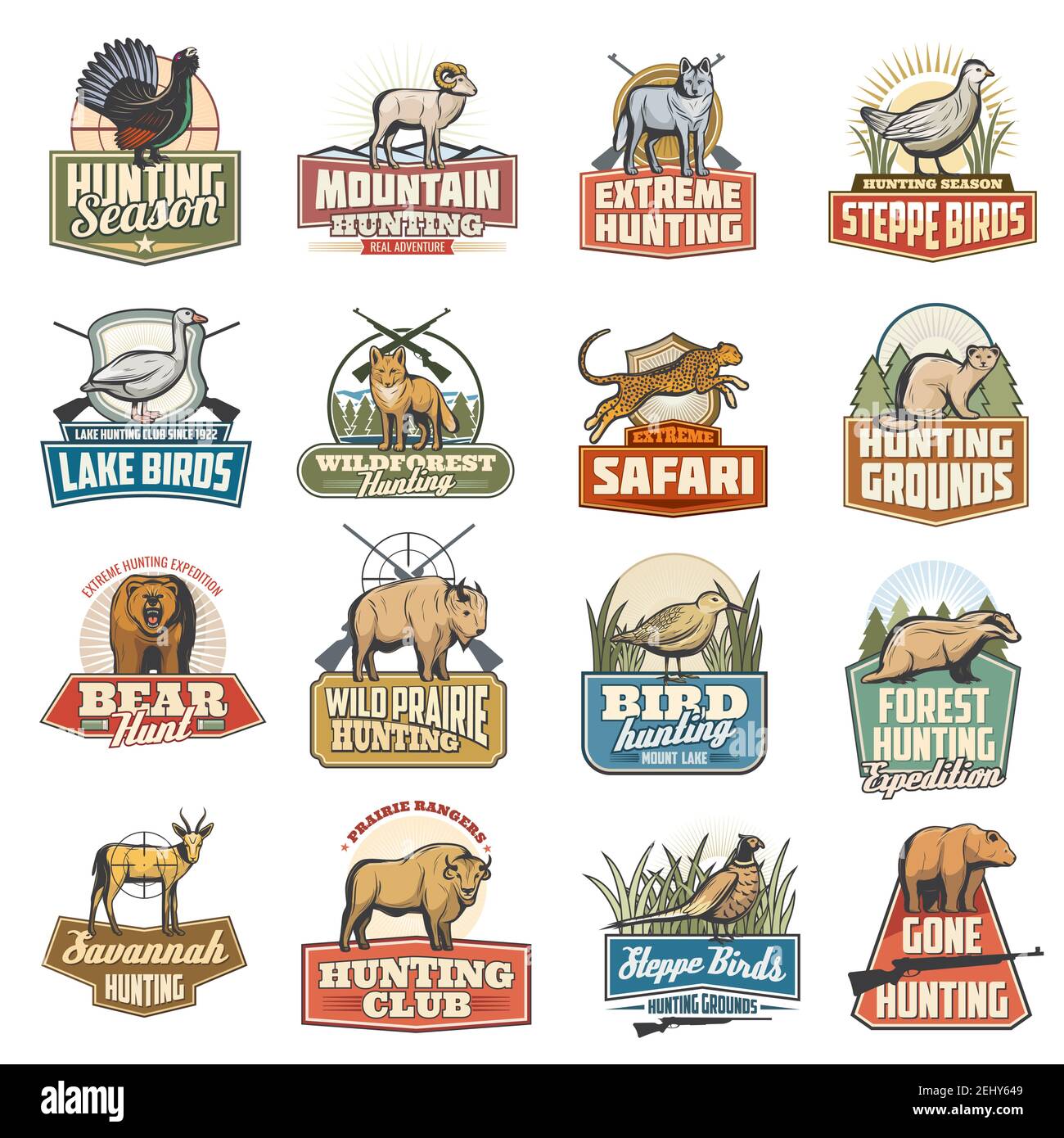 Hunting sport vector icons, wild animals, extreme and safari hunt. Blackcock and goat, wolf and grouse, goose and fox. Cheetah and marten, bear and bu Stock Vector