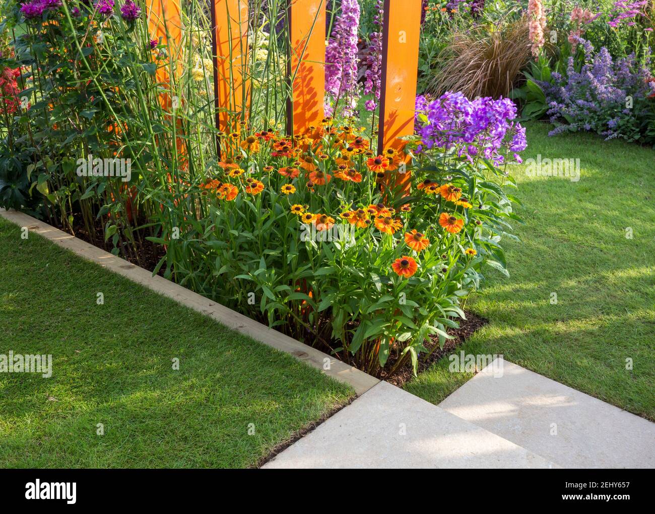 small English garden - lawn grass with flowerbeds filled with planting of colourful flowers flower beds including Helenium - Dahlias England GB UK Stock Photo