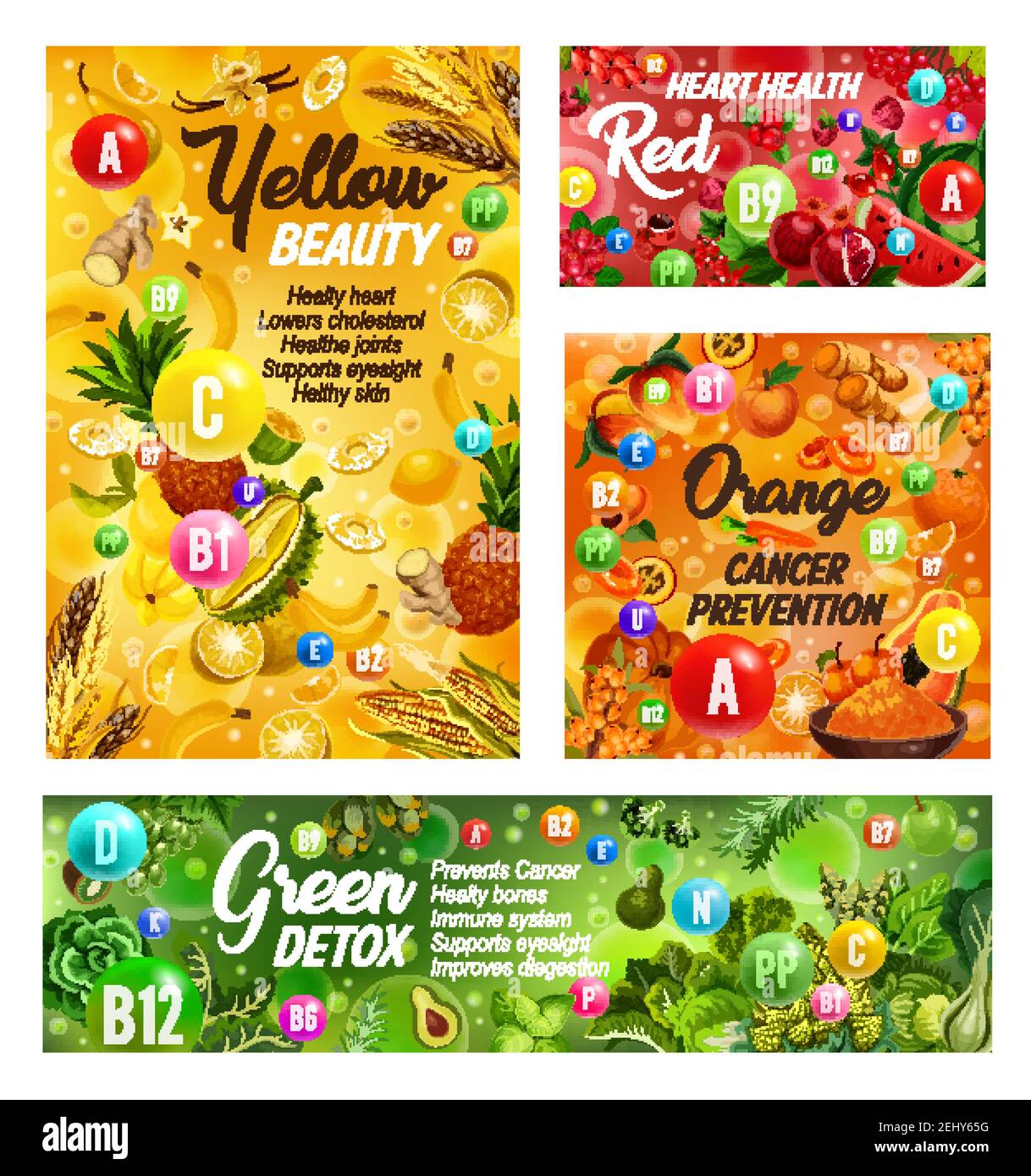 Rainbow diet healthy food and vitamins in fruits and vegetables. Vector