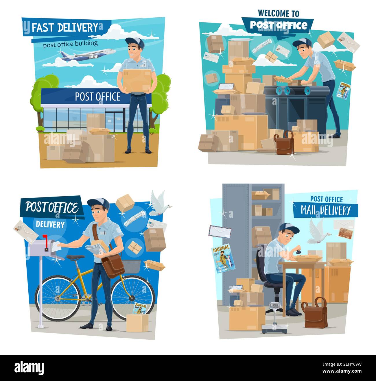 Mailman or postman, mail delivery, parcels and airmail. Vector man in uniform with bag and bicycle, post office and airplane, conveyor with boxes and Stock Vector