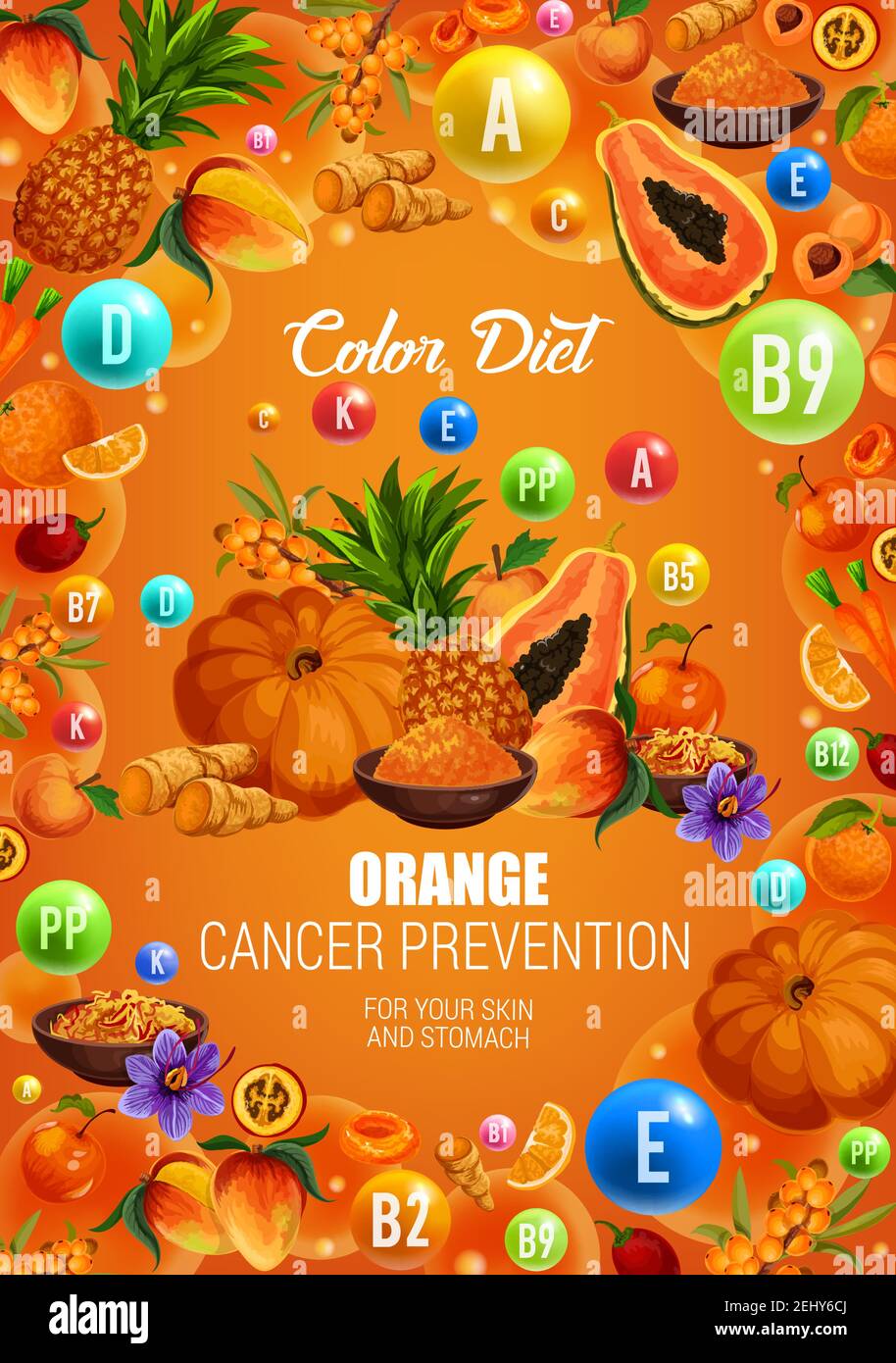 Color diet orange food healthy nutrition. Vector natural organic fruits